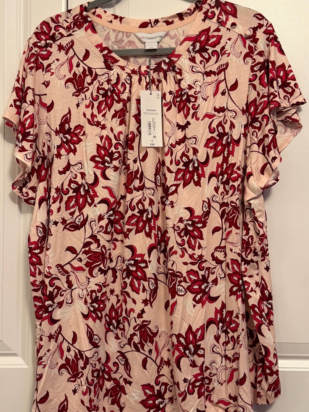 Liz Claiborne Cream and Red Floral Short-Sleeve Tunic